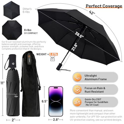 SY COMPACT Travel Umbrella - Windproof Automatic Compact Umbrella for Rain, Lightest 8-Rib, Small, Strong & Portable, Durable Grip, Fits Backpack & Car, Factory Direct (UV Available) - color: Black
