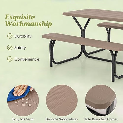 COSTWAY Outdoor Picnic Table, HDPE Plastic Picnic Table Bench Set with Weather Resistant Tabletop & Wood Texture, Ideal for Patio, Backyard (59" D x 54" W x 28.5" H,Brown) - color: Brown