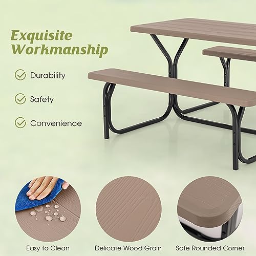 COSTWAY Outdoor Picnic Table, HDPE Plastic Picnic Table Bench Set with Weather Resistant Tabletop & Wood Texture, Ideal for Patio, Backyard (59" D x 54" W x 28.5" H,Brown) - color: Brown