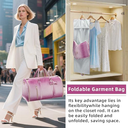 Garment Bags for Travel, 2-in-1 Convertible Travel Garment Duffle Bag for Women, Foldable Carry On Garment Bag with Shoe Compartment & Toiletry Pocket, PU Leather Weekender Bag, Pink-White - color: Pink-White