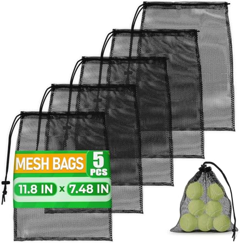 5Pcs Small Mesh Bags Drawstring Black Nylon – 11.8x7.48" Secure Cinch-Top, Mesh Bag for Tennis, Pickleball, Golf, Travel, Beach, Sports Equipment, and Mushroom Foraging – Quick-Dry and Tear-Resistant - style: Mesh Bags