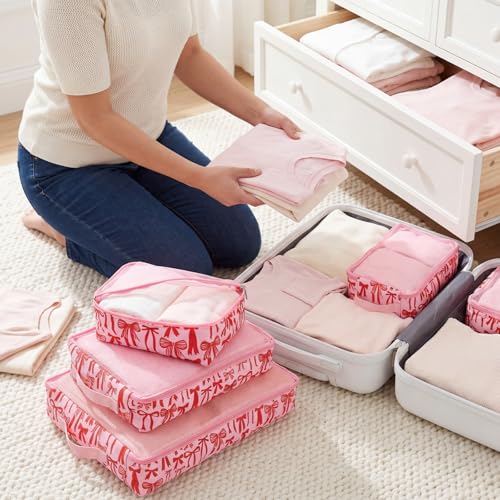 Shinylin 3 Pack Compression Packing Cubes for Travel 3 Size Clothing Bags with Mesh Window for Travel Home Underwear Clothes Accessories Organization Women(Pink bow) - style: Pink bow