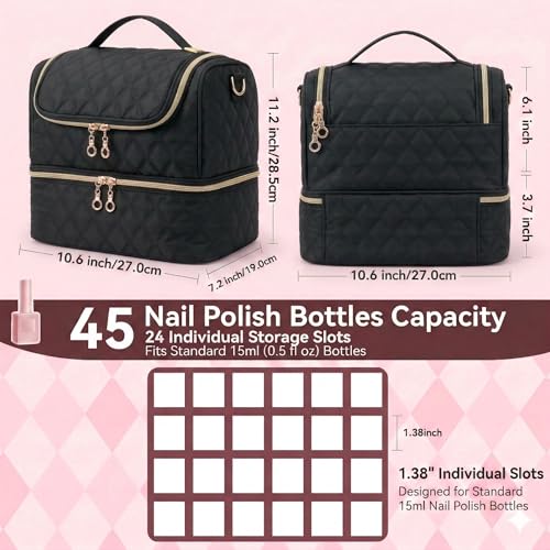 BAGCRAZY Nail Polish Organizer Case, Double Layer Nail Supplies Storage Bag holds 24 Bottles & UV/LED Lamp, Quilted Portable Manicure Travel Case with 8 Pcs Tools, for Nail Tech, Home & Salon, Black - color: Black