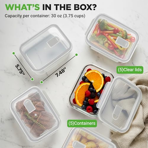 NutriChef 10 Piece Glass Food Storage Containers with Lids – 30 oz Meal Prep Containers Reusable – Airtight Glass Lunch Containers for Food Storage – Freezer to Oven Safe - Gray - color: Gray