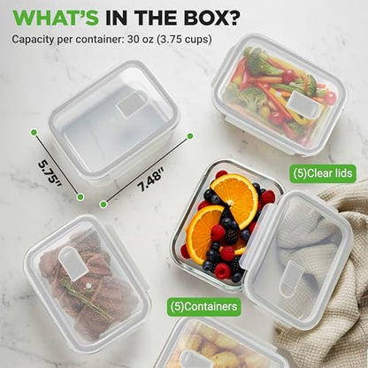 NutriChef 10 Piece Glass Food Storage Containers with Lids – 30 oz Meal Prep Containers Reusable – Airtight Glass Lunch Containers for Food Storage – Freezer to Oven Safe - Gray - color: Gray