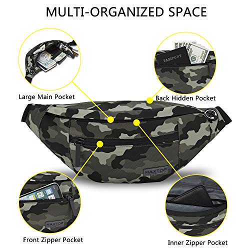 MAXTOP Large Crossbody Fanny Pack with 4-Zipper Pockets,Gifts for Enjoy Sports Festival Workout Traveling Running Casual Hands-Free Wallets Waist Pack Phone Bag Carrying All Phones - color: Camo Green, style: Large Fanny Pack(4 Zipper Pockets)