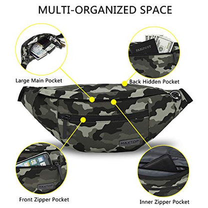 MAXTOP Large Crossbody Fanny Pack with 4-Zipper Pockets,Gifts for Enjoy Sports Festival Workout Traveling Running Casual Hands-Free Wallets Waist Pack Phone Bag Carrying All Phones - color: Camo Green, style: Large Fanny Pack(4 Zipper Pockets)