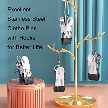 30PCS Small Clothes Pin with Hook for Easy Hanging, Stainless Steel Clothespins, Metal Laundry Grip Clips, Anti Rust, Multipurpose