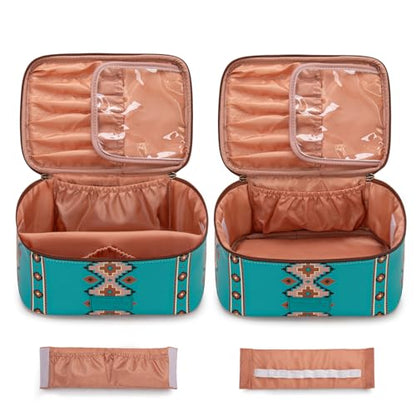 Montana West X Wrangler Travel Makeup Bag 2pcs Set Large Cosmetic Bag with Makeup Brush Holder Portable Make Up Organizer Cute Toiletry Bag with Divider and Handle for Women Aztec - color: Turquoise