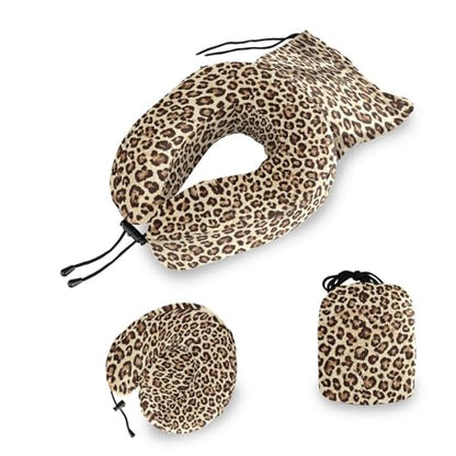 ALAZA Memory Foam Travel Pillow with Snap Clip Animal Leopard Print Geometric Brown Neck Pillow for Airplane Travel Kit, Soft Comfortable and Washable