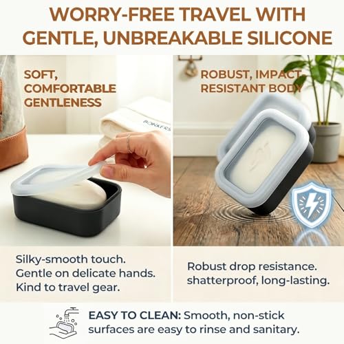 AIMAIAIMAI Enhanced Leak Proof Travel Soap Case, Compact Silicone Travel Soap Dish with Drainage Pad, Great for Gym, Camping, Bussines Trip (Black) - color: Black