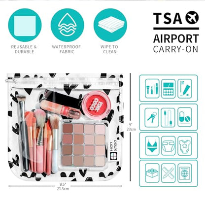 HIONXMGA TSA Approved Toiletry Bag, Set of 3 Clear Travel Toiletry Bag Quart Size Zipper Travel Pouch, Waterproof Makeup Cosmetic Bag for Women Men Kids Toiletries Carry on, Hearts Large - color: Hearts, 3 Large