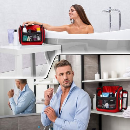 Travel Toiletry Bag for Men and Women - Large Hanging Toiletry Organizer - Waterproof Hygiene Bag with Metal XXL Swivel Hook, with Sturdy Zippers and 19 Compartments for Toiletries, Makeup, Cosmetics - color: L Crimson Red