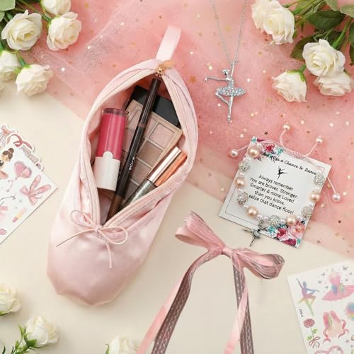 Ballet Slipper Pouch Makeup Bag Dance Recital Gifts for Girls Dancer Ballerina Accessories Gifts Set Necklace Bracelet Sticker - color: Pink-Set1