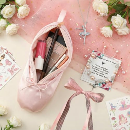 Ballet Slipper Pouch Makeup Bag Dance Recital Gifts for Girls Dancer Ballerina Accessories Gifts Set Necklace Bracelet Sticker - color: Pink-Set1