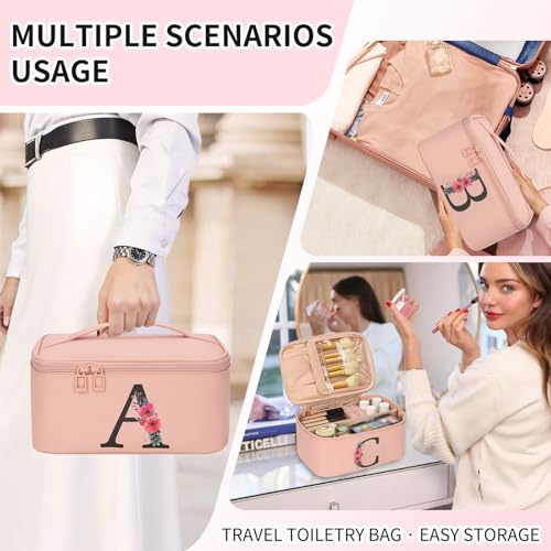 OCHEAL Initial Makeup Bag,Monogram Make up Bag Pink Travel Makeup Organizer Case Beauty Toiletry Cosmetic Bag with Brush Holder, Trendy Stuff Personalized Gifts for Women and Girls-C - color: Pink, style: C