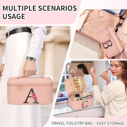 OCHEAL Initial Makeup Bag,Monogram Make up Bag Pink Travel Makeup Organizer Case Beauty Toiletry Cosmetic Bag with Brush Holder, Trendy Stuff Personalized Gifts for Women and Girls-C - color: Pink, style: C