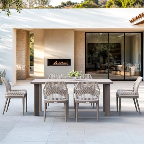 PURPLE LEAF 7 Pieces Patio Dining Set Aluminum Rectangular Table and Wicker Chairs with Cushions for Kitchen Porch Garden Modern Outdoor Furniture Sets, Light Grey - color: Light Grey, size: 7 PCS, style: Rectangular