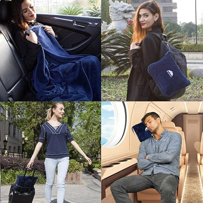 BlueHills Premium Soft Long Travel Blanket Pillow for Tall Airplane Flight Blanket Throw Luggage Belt & Backpack Clip Compact Packable Car Large 2 in 1 Combo Warm Gifts Navy Blue T051 - color: Navy-long-t051