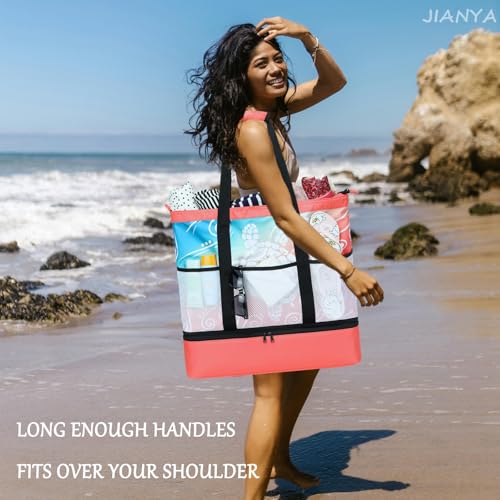 JIANYA Beach Bag Women Waterproof Sandproof Beach Tote Bags with Cooler Top Zipper Large Totes for Pool Travel Daily - color: White Sea Turtle