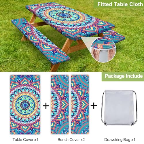 Picnic Table Cover with Bench Covers 6FT 3 Pcs Waterproof Windproof Aesthetic Camping Tablecloth with Drawstring Bag, Fitted for 6 Foot Rectangle Tables and Seats, 72 inch, Yellow Blue Orange - color: Yellow Blue Orange