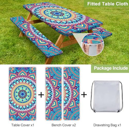 Picnic Table Cover with Bench Covers 6FT 3 Pcs Waterproof Windproof Aesthetic Camping Tablecloth with Drawstring Bag, Fitted for 6 Foot Rectangle Tables and Seats, 72 inch, Yellow Blue Orange - color: Yellow Blue Orange