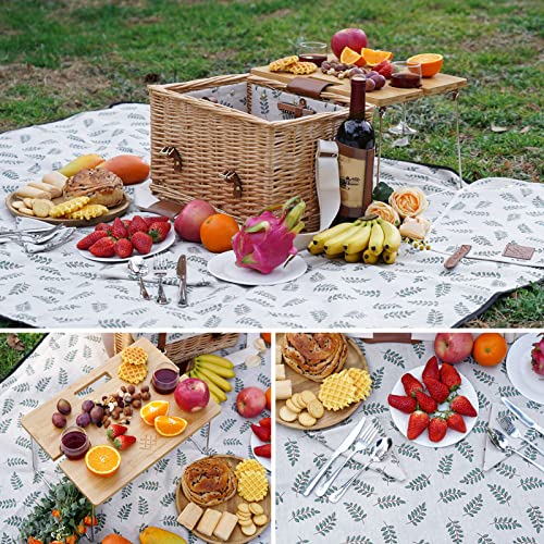 WILLOW WEAVE Picnic Basket with Table, Picnic Basket Set for 2, Willow Hamper with Wine Holder, Wicker Picnic Set with Blanket & Premium Tableware for Outdoor, Wedding, Anniversary, Birthday Gift - size: M for 2P-Leaf