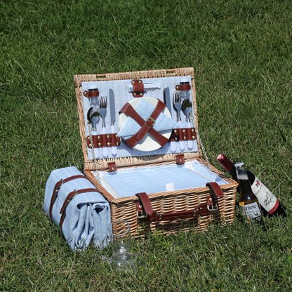 Picnic Baskets Wicker Willow Picnic Set for 4 Persons with Insulated Cooler Bag and Waterproof Blue Picnic Blanket Gift for Christmas Thanksgiving Wedding Birthday Camp Outdoor Beach Travel - color: Light Blue