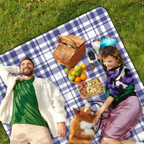 Waterproof Picnic Outdoor Blanket, 79" x 59" Sandproof Foldable Large Picnic Blanket for Beach, Camping, Park, Travel, Concert, Great Gift for Families and Couples (Blue Checkered) - color: Blue and White Checkered