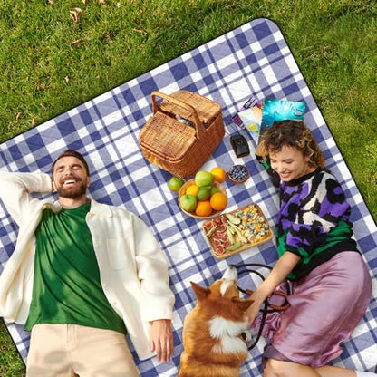 Waterproof Picnic Outdoor Blanket, 79" x 59" Sandproof Foldable Large Picnic Blanket for Beach, Camping, Park, Travel, Concert, Great Gift for Families and Couples (Blue Checkered) - color: Blue and White Checkered