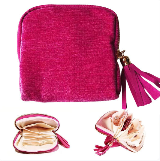 Travel Jewelry Organizer Case - Velvet Zipper Pouch with 6 Compartments for Bracelets, Earrings, Necklace, Anti-Scratch Storage, Valentine Gifts for Women (Pink) - color: Pink