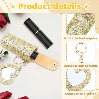 Sisadodo Glitter Lip Oil Holder Key Chains for Woman Lipstick Case with Mirror Lip Balm Keychain for Lipstick Case Keychain - color: Gold-heart