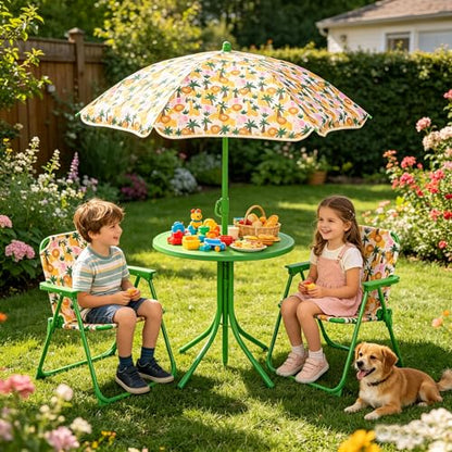 HONEY JOY Kids Picnic Table, Animal Themed Toddler Outdoor Table and Chair Set, 2 Folding Chairs & Removable Umbrella, Children Outdoor Furniture for Backyard Patio Garden (Green Lion) - color: Green Lion