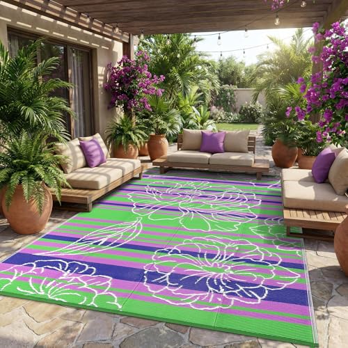 Garvee 8x10 Outdoor Waterproof Rug, Floral Outdoor Area Rug，Reversible Plastic Straw Patio Rug, Portable Camping Mat for RV, Picnic, Beach, Balcony, Garden & Camping Green - color: Green, size: 8' x 10' (Rectangular)