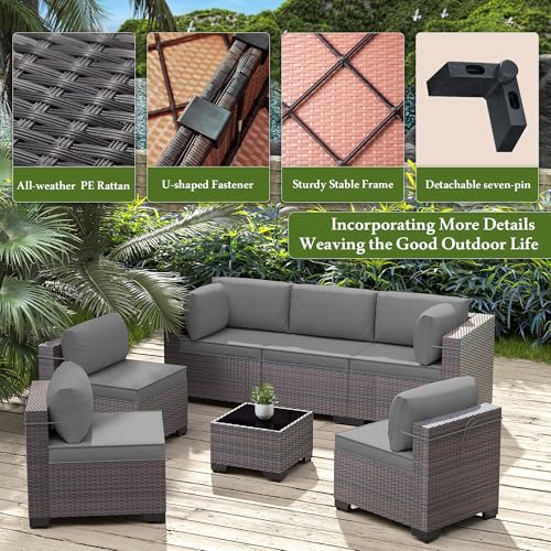 9 Pieces Outdoor Sectional Furniture All Weather PE Rattan Wicker Patio Conversation Set with Coffee Table and 8 Thickened Cushions,Grey - color: Grey, size: 9 Sofa Set