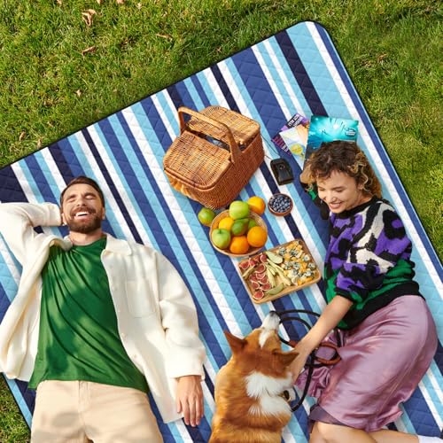 Waterproof Picnic Outdoor Blanket, 79" x 59" Sandproof Foldable Large Picnic Blanket for Beach, Camping, Park, Travel, Concert, Great Gift for Families and Couples (Blue Stripe) - color: Blue Vertical Stripe