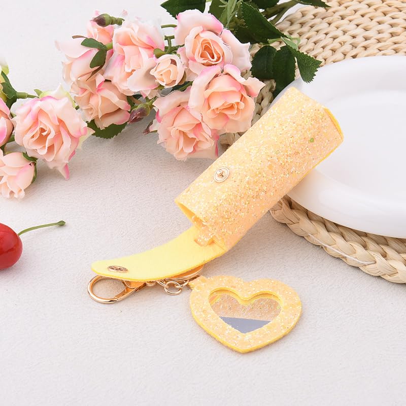 Sisadodo Glitter Lip Oil Holder Key Chains for Woman Lipstick Case with Mirror Lip Balm Keychain for Lipstick Case Keychain - color: Yellow-heart