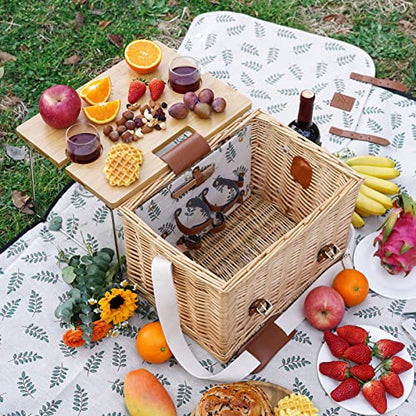WILLOW WEAVE Picnic Basket with Table, Picnic Basket Set for 2, Willow Hamper with Wine Holder, Wicker Picnic Set with Blanket & Premium Tableware for Outdoor, Wedding, Anniversary, Birthday Gift - size: M for 2P-Leaf