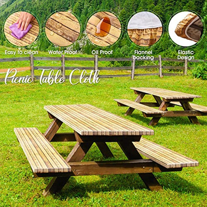 Boao 3 Pcs Vinyl Picnic Table Cover with Bench Cover 6 ft 30 x 72 Inch Waterproof Fitted Tablecloth Flannel Backing Rectangular Elastic Edged for Camping Outdoor Patio Travel(Wood Grain) - color: Wood Grain