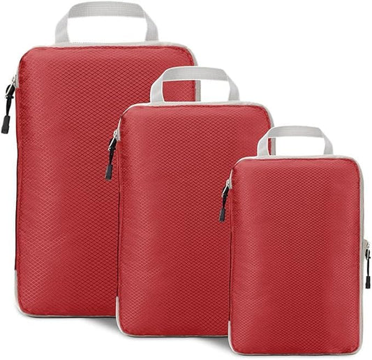 3 Set Compression Packing Cubes with Handle Travel Essential for Suitcases Nylon Portable Storage Bag Luggage Organizer Bags Waterproof for Clothes Storage - color: Red