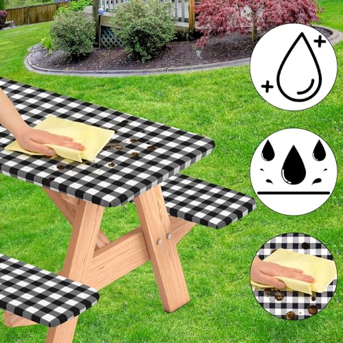 3 Pcs Set Fitted Picnic Table Cover with Bench Covers Vinyl Camping Table Cloth Flannel Backing Picnic Table Cloth for 6ft Tables Camping Outdoor (Black Checked, 30 x 72 Inches) - color: Black and White Plaid
