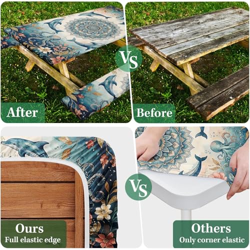 Picnic Table Cover with Bench Covers Elastic Edges, Coastal Camper Fitted Table Cover, Outdoor Camping Essentials 72 Inch 3PCS, Waterproof Camping Fitted Tablecloth with Drawstring Bag - color: Coastal, size: 72in