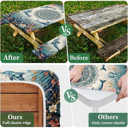 Picnic Table Cover with Bench Covers Elastic Edges, Coastal Camper Fitted Table Cover, Outdoor Camping Essentials 72 Inch 3PCS, Waterproof Camping Fitted Tablecloth with Drawstring Bag - color: Coastal, size: 72in