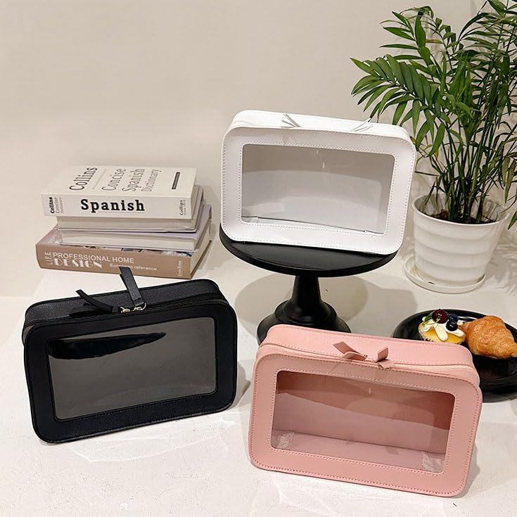 Clear and Waterproof Makeup Bag Portable Travel Cosmetic Case Organizer for Women Toiletry Pouch with Transparent Vinyl Windows & Zippers (White) - color: White