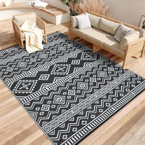 GarveeHome 9x12 Outdoor Area Rug Waterproof Plastic Straw Rug, Reversible RV Mat, Stain-Resistant Indoor Outdoor Carpet for Picnic, Deck, Balcony, Beach, Patio Black White - color: Black and White, size: 9' x 12' (Rectangular)
