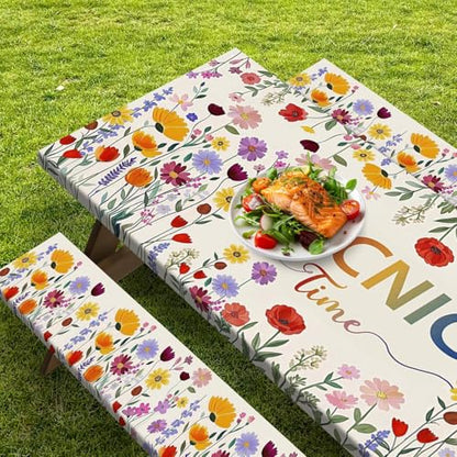 Picnic Table Cover with Bench Covers Elastic Edges, Wildflower Boho Camper Fitted Table Cover, Outdoor Camping Essentials 72 Inch 3PCS, Waterproof Camping Fitted Tablecloth with Drawstring Bag - color: Wildflower Boho, size: 72in