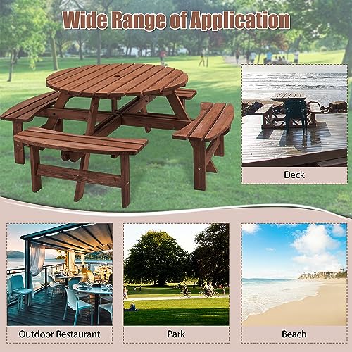 Round 8 Person Wooden Picnic Table Sets Outdoor Camping Dining Table with Seat Garden DIY w/ 4 Built-in Benches 2220lb Capacity - Brown - color: Brown-8-round