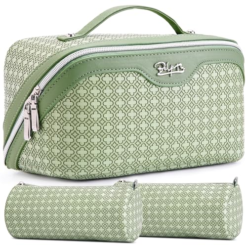 BOYATU Travel Makeup Bag for Women: Four Leaf Clover Large Capacity 3 Pcs Set Cosmetic Bags - Waterproof 50% Extra Space for Toiletry Organizer - Travel Essentials for Fortunate (01 Light Green) - color: 01 Light Green