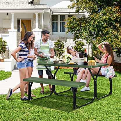 COSTWAY Outdoor Picnic Table, HDPE Plastic Picnic Table Bench Set with Weather Resistant Tabletop & Wood Texture, Ideal for Patio, Backyard (59" D x 54" W x 28.5" H,Green) - color: Green