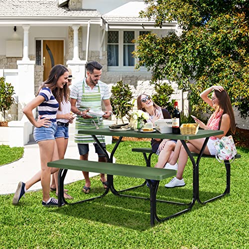 S AFSTAR Picnic Table Bench Set, 59” Expanded Rectangular Picnic Table, Outdoor Table and Bench W/Steel Frame & Wood-Like Texture Tabletop, Camping Table Chair Set for Garden Patio Lawn Deck (Green) - color: Green